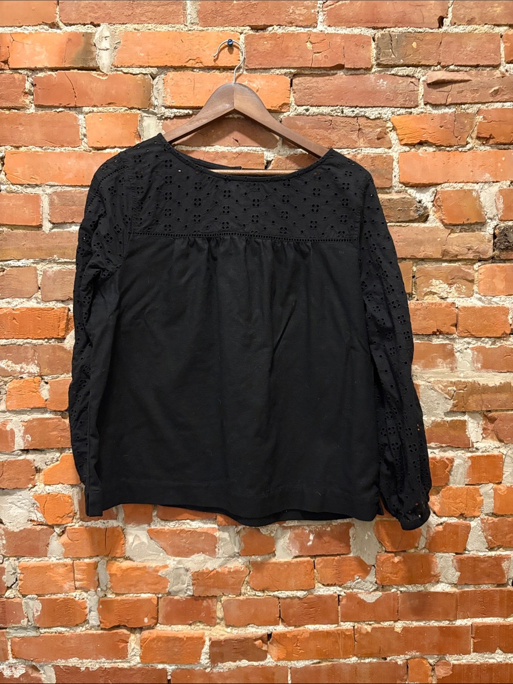 J. Crew Black Linen Eyelet Long-Sleeve Women's Top